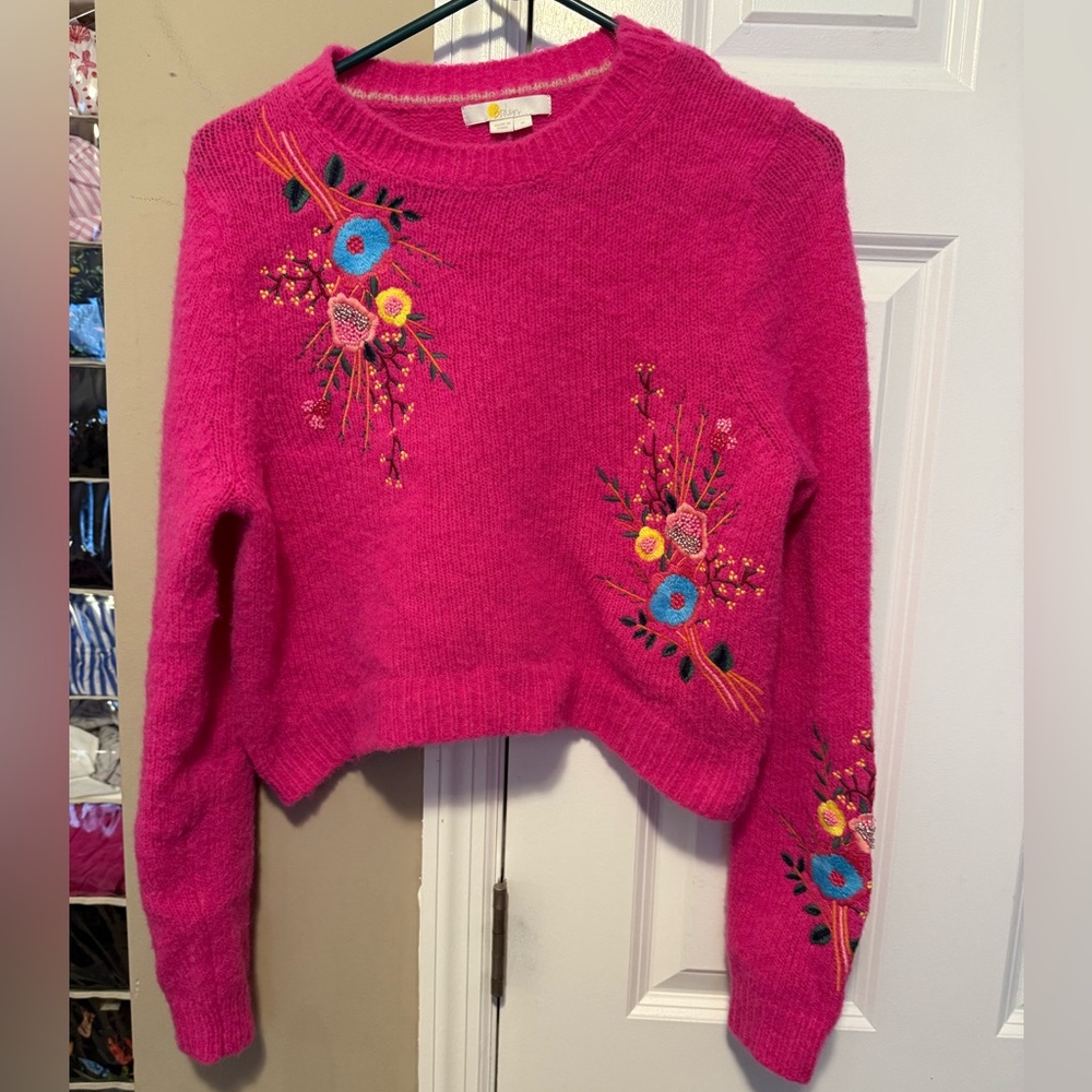 Boden Wool/Alpaca Blend Pink Cropped Embroidered Flower Sweater